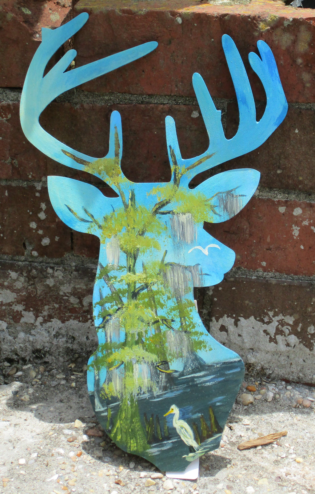 Wooden buck deer painted swamp scene 12 inches tall art original in acrylics