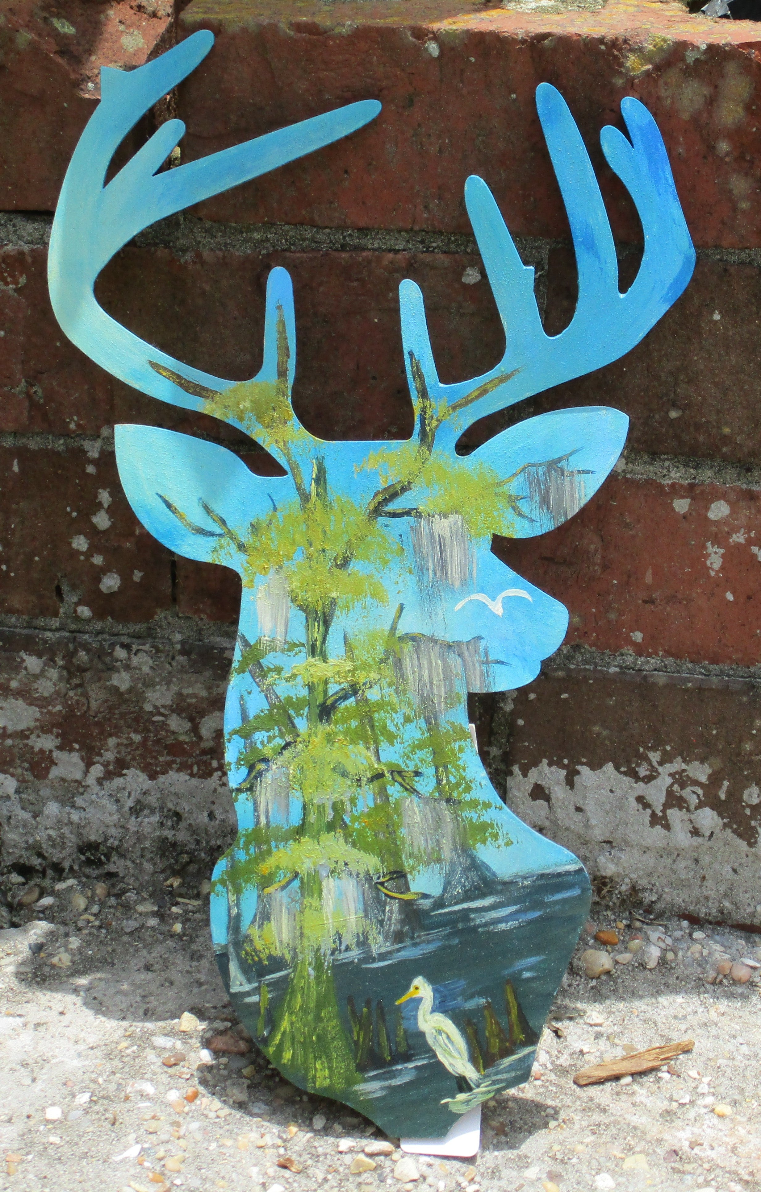 Wooden buck deer painted swamp scene 12 inches tall art original in acrylics