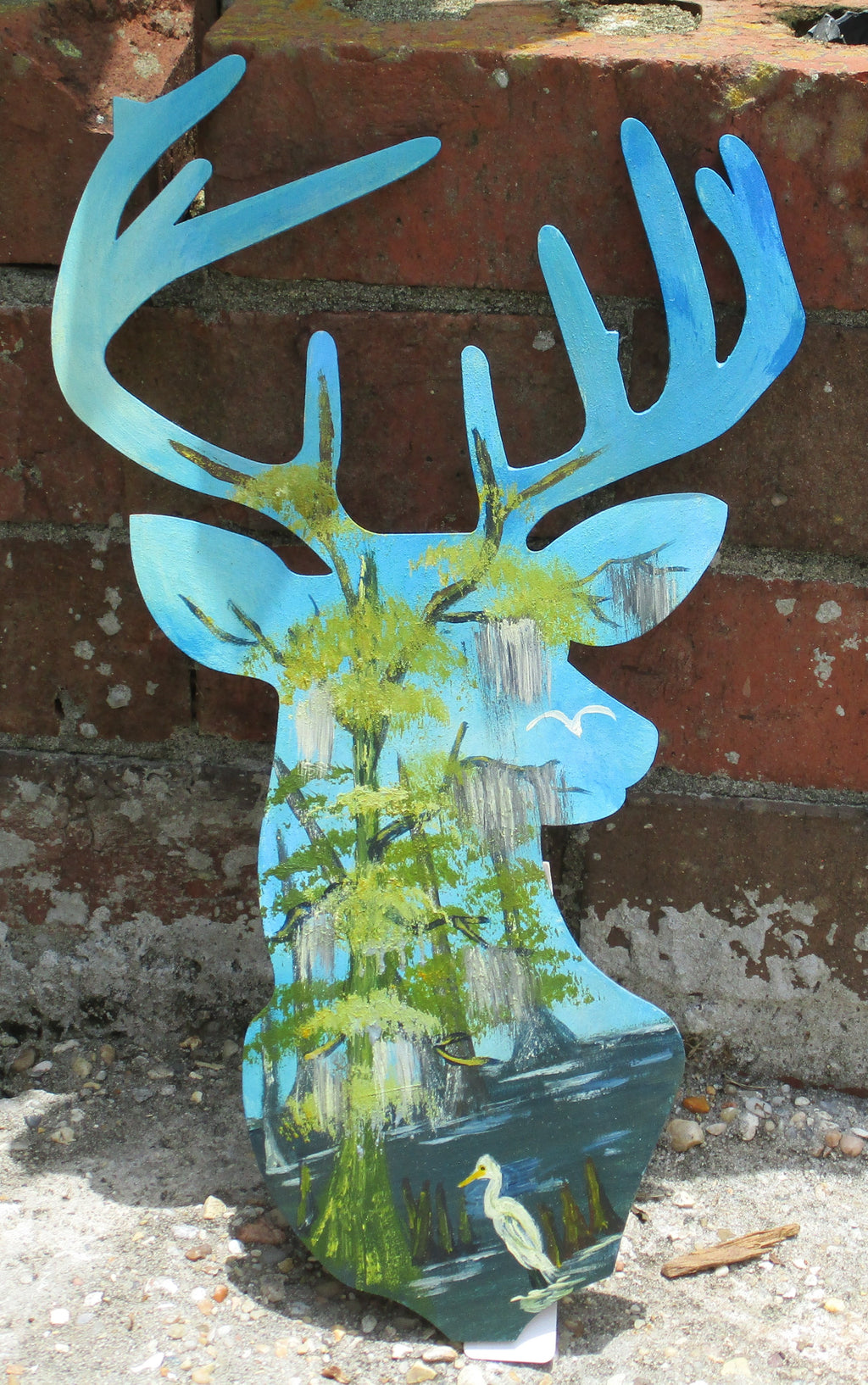 Wooden buck deer painted swamp scene 12 inches tall art original in acrylics
