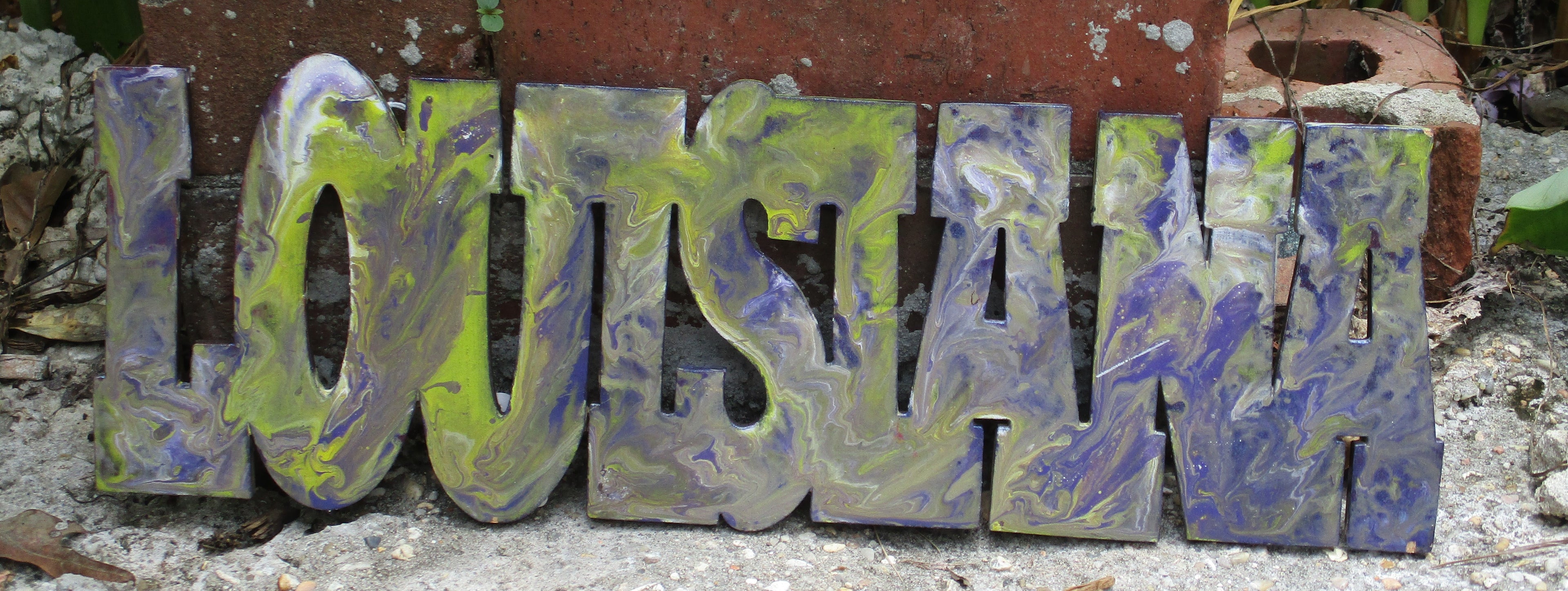 Wooden LOUISIANA sign in purple white and gold LSU colors wall decor art