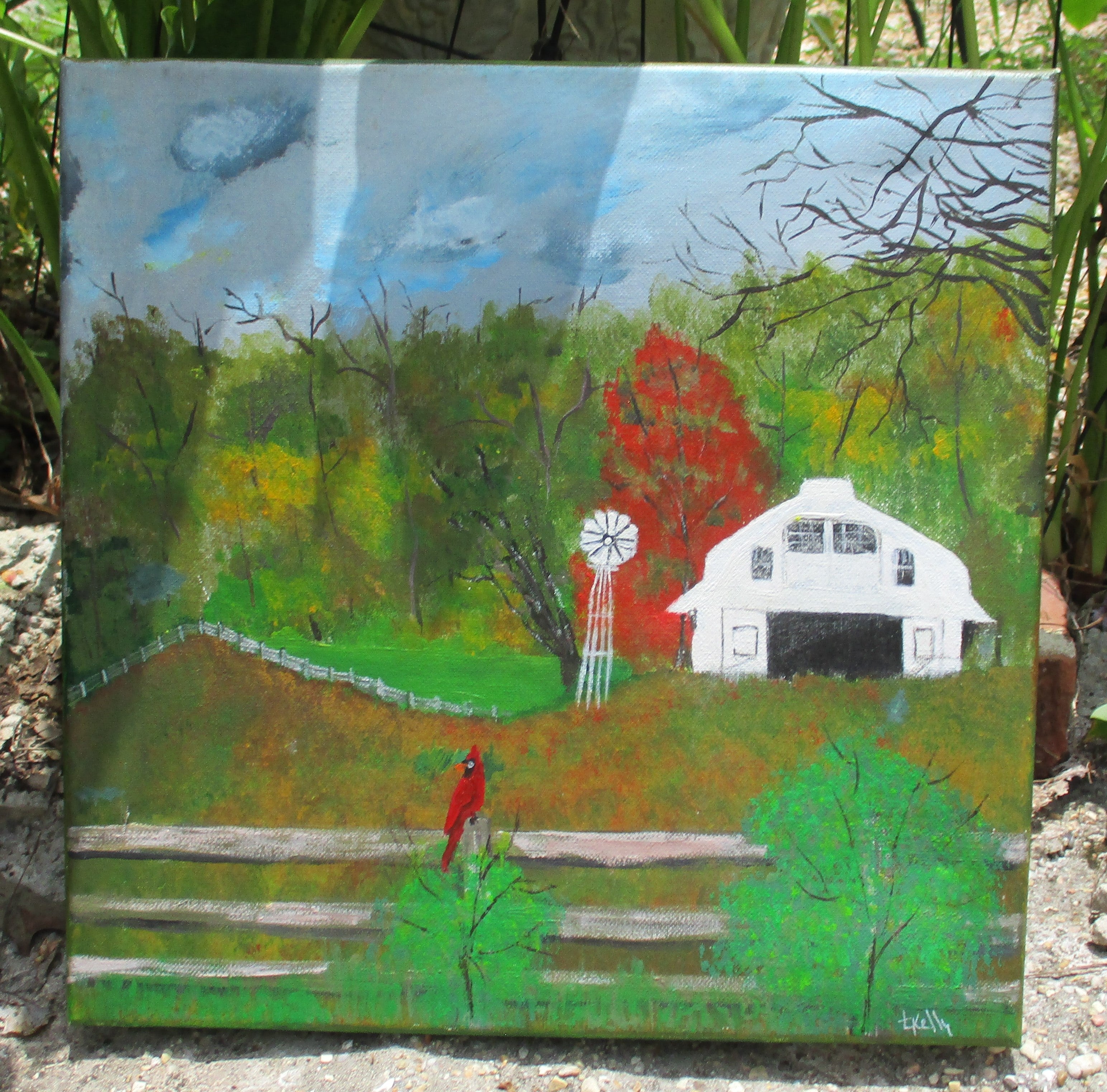 Barn pasture field windmill red bird art painting