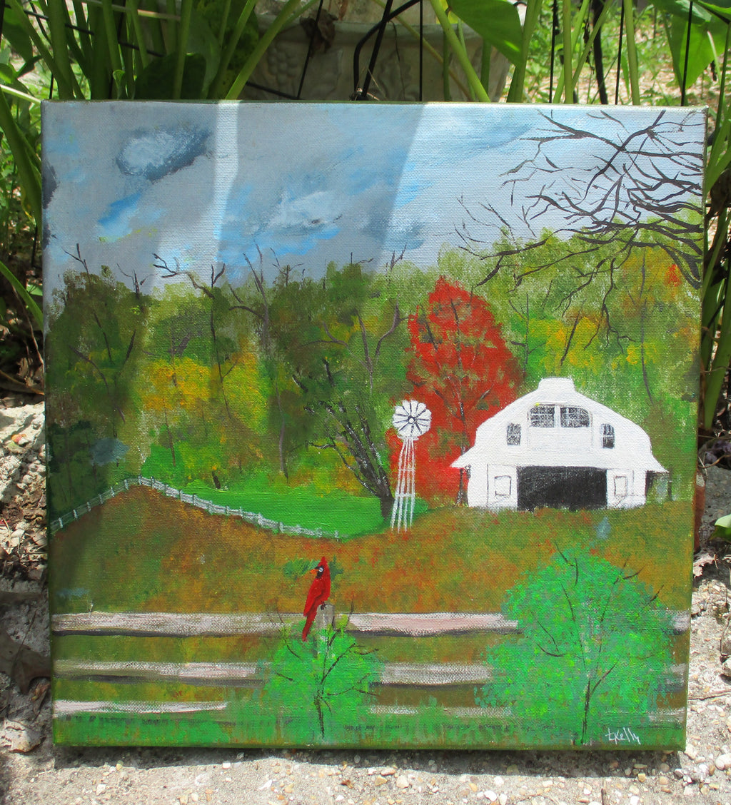 Barn pasture field windmill red bird art painting