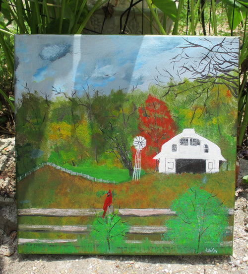 Barn pasture field windmill red bird art painting Tim Kelly