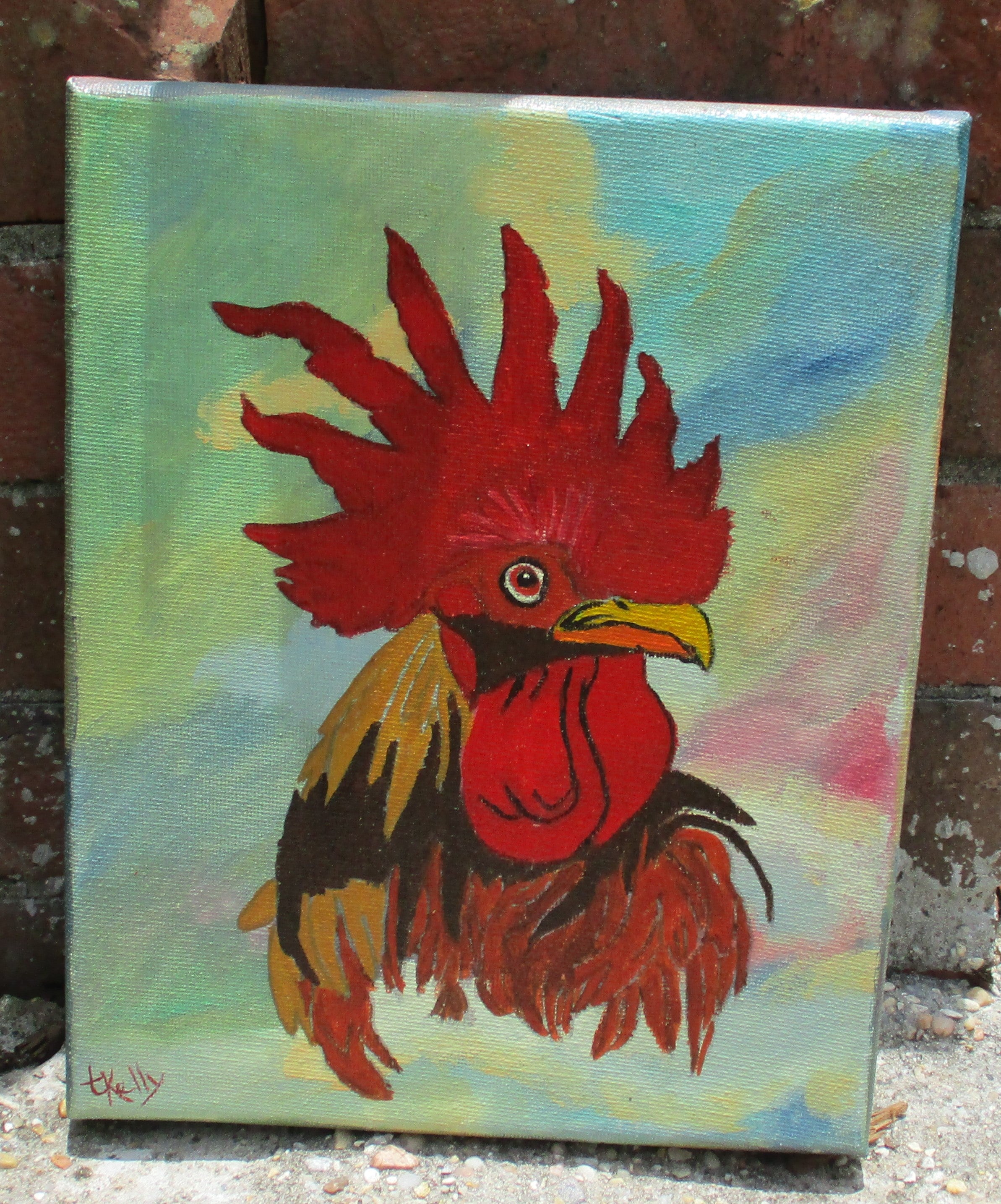 Rooster acrylic painting art stretched frame canvas 8x10
