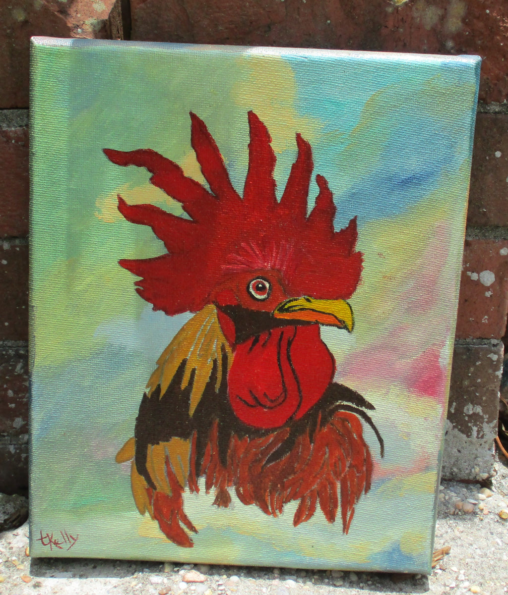 Rooster acrylic painting art stretched frame canvas 8x10