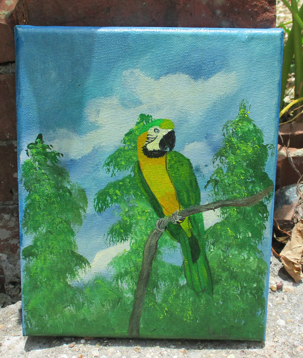 Parrot in jungle acrylic painting art stretched frame canvas 8x10