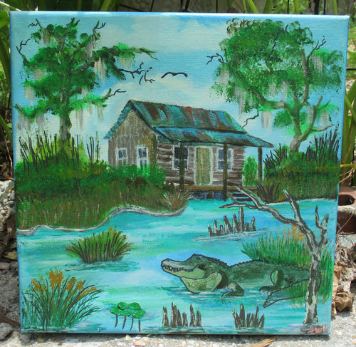 Cabin Bayou Swamp Gator Art Painting Tim Kelly