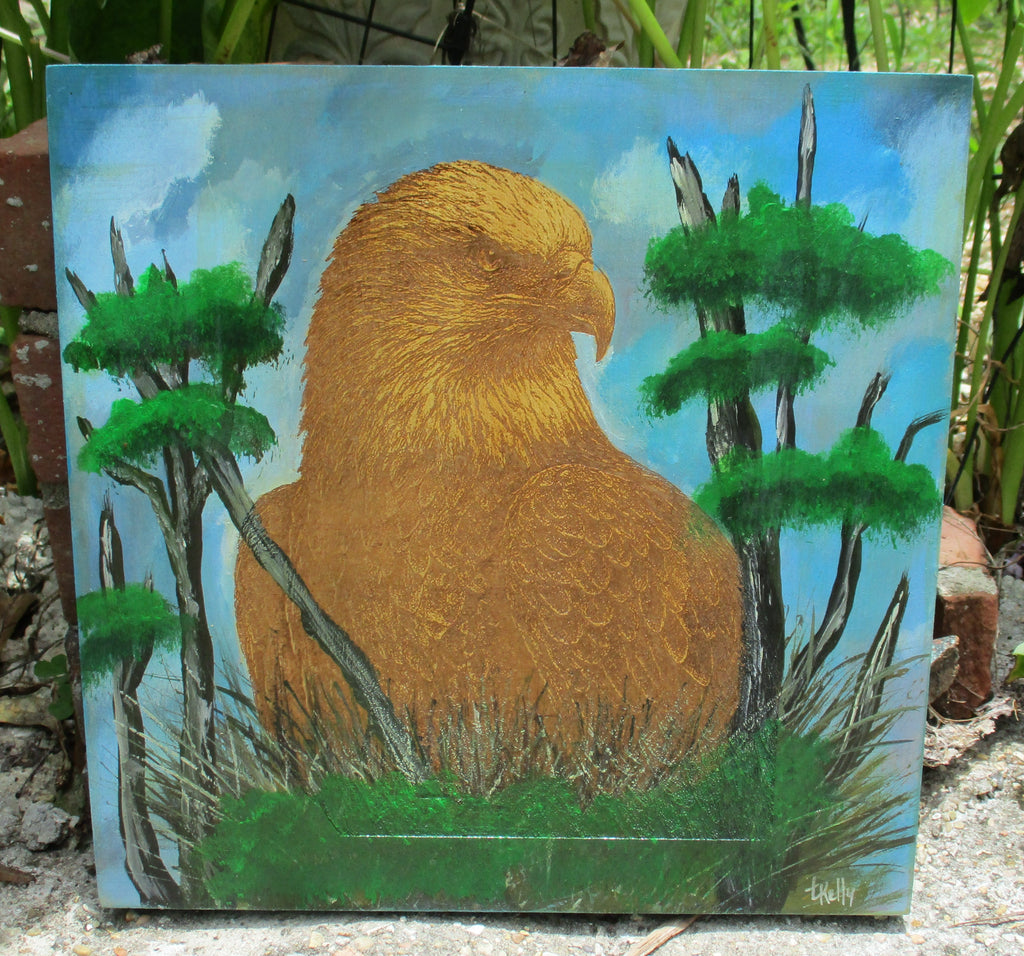 Wooden 12x12 inch art etched eagle in painted nest and background