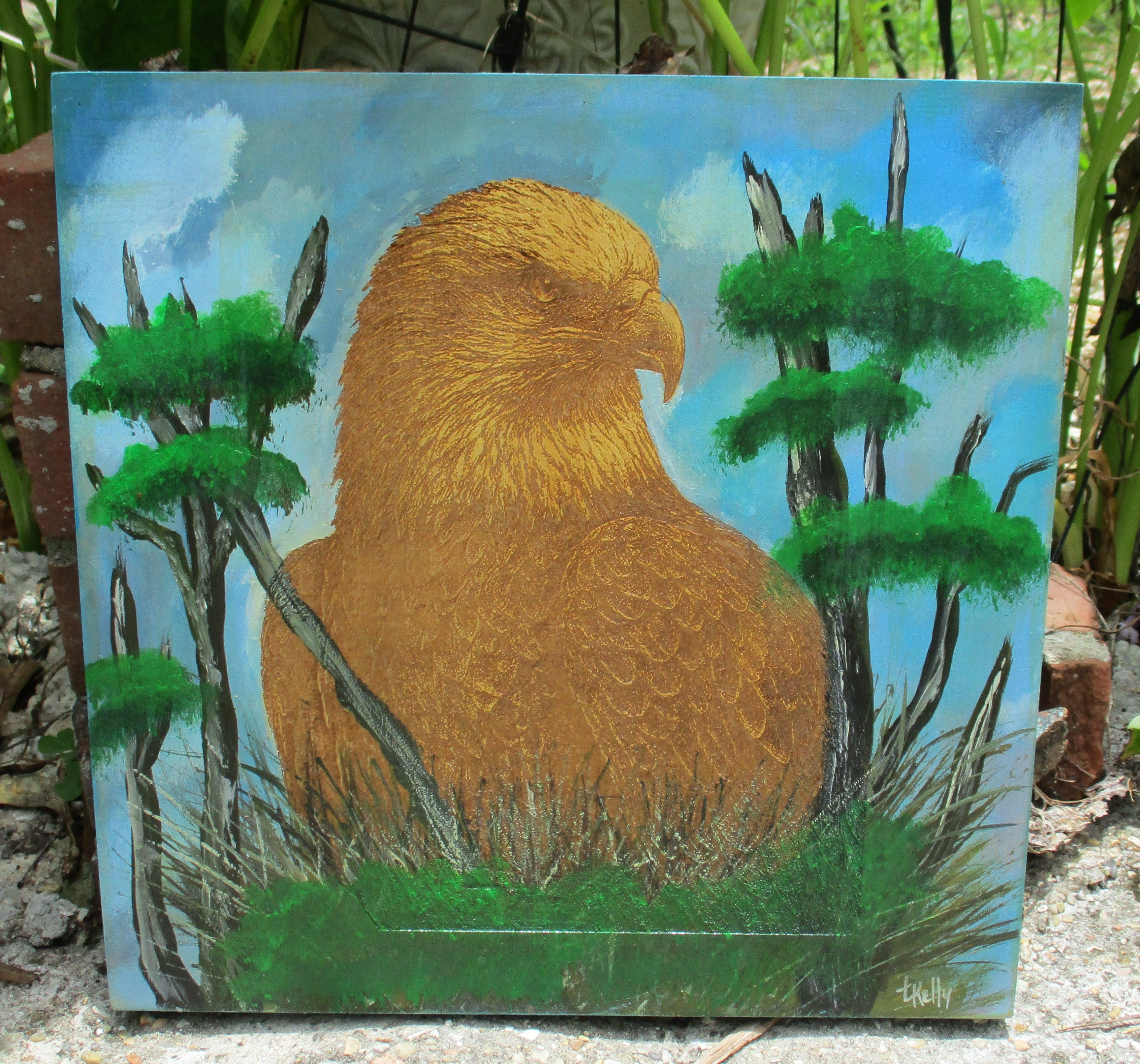 Wooden 12x12 inch art etched eagle in painted nest and background