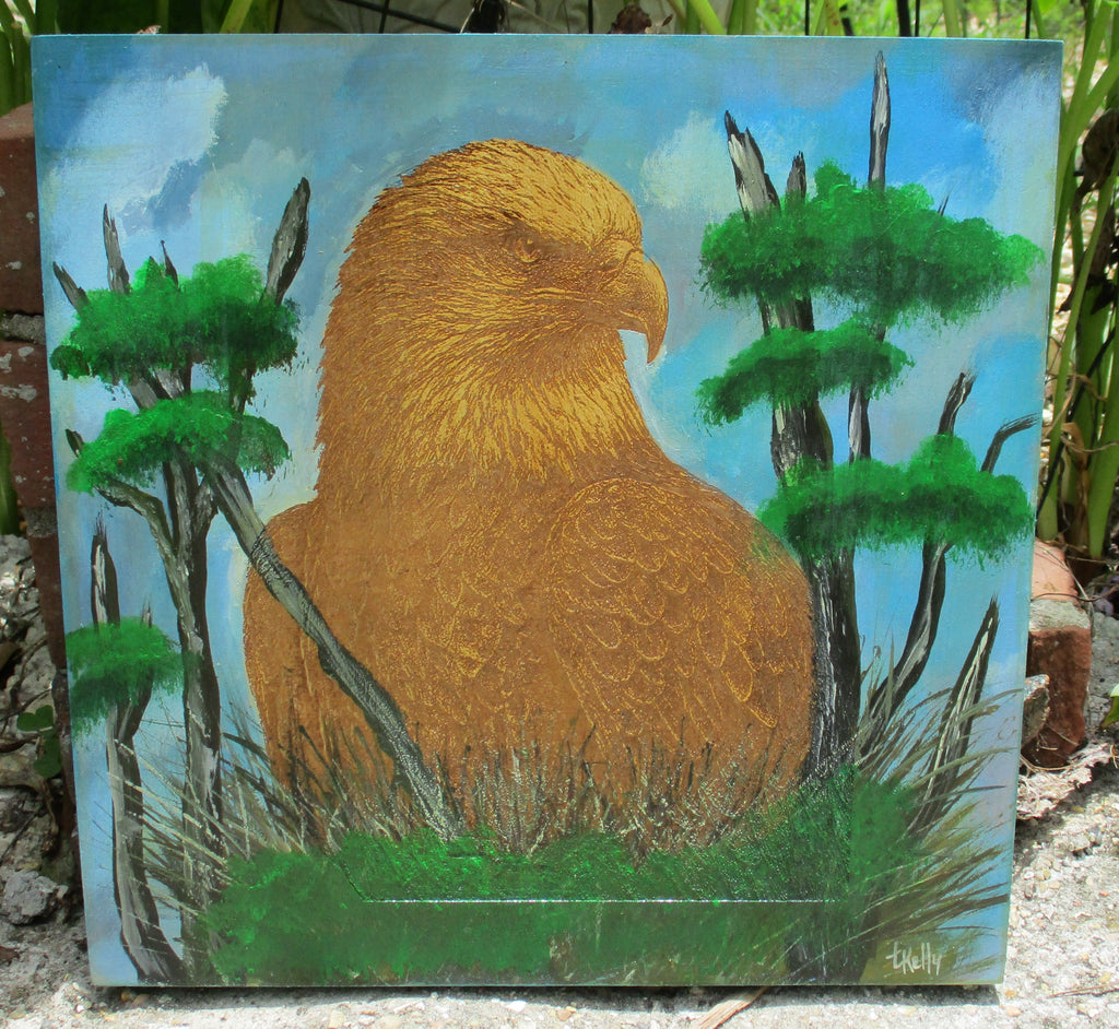 Wooden 12x12 inch art etched eagle in painted nest and background