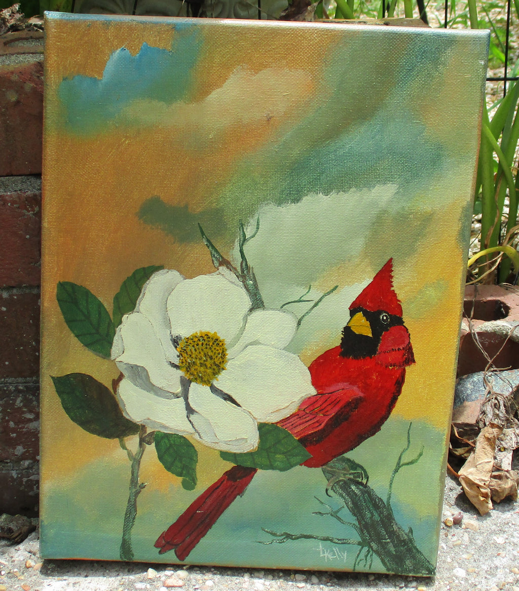 Red bird in magnolia flower tree acrylic painting art