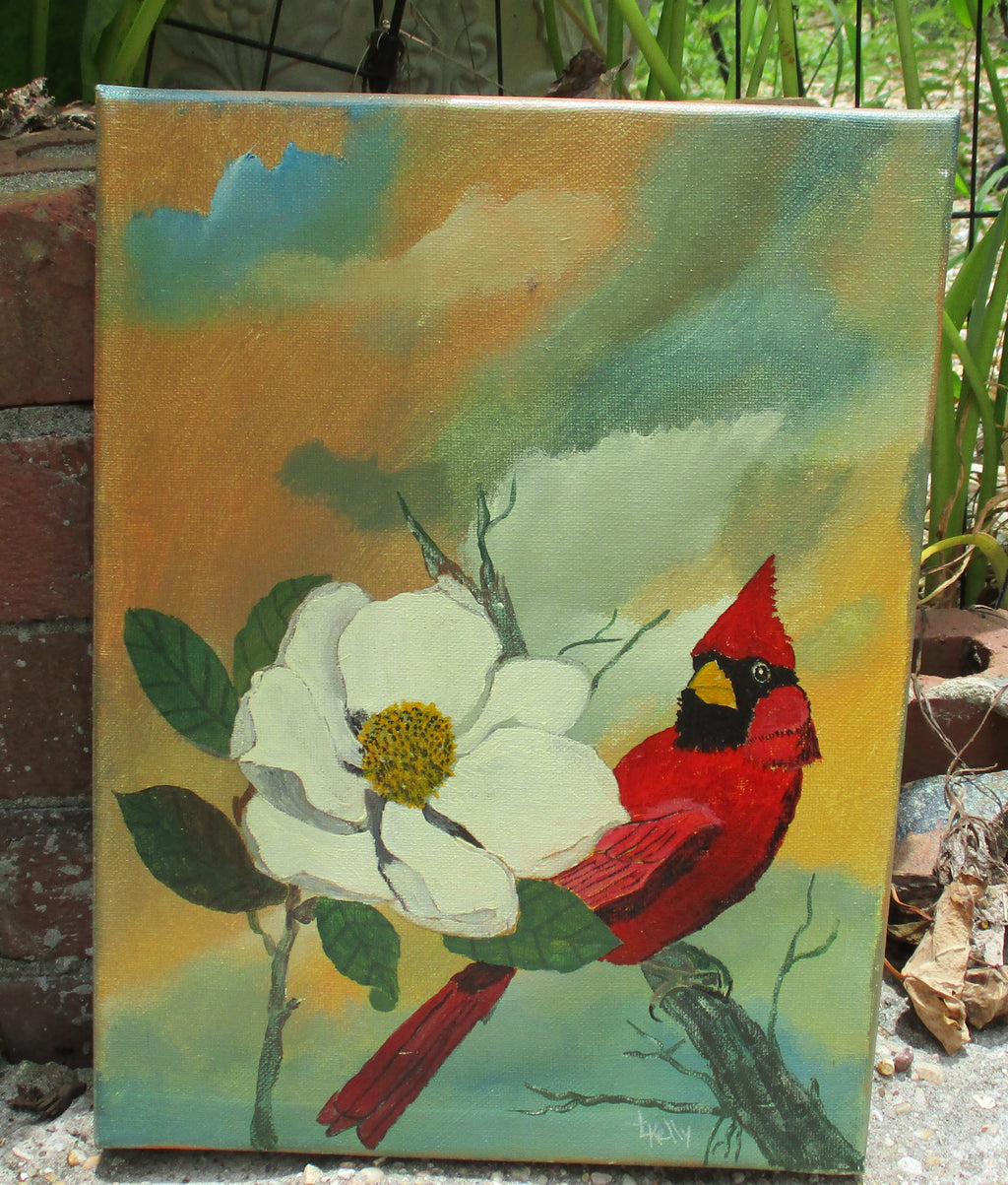 Red bird in magnolia flower tree acrylic painting art