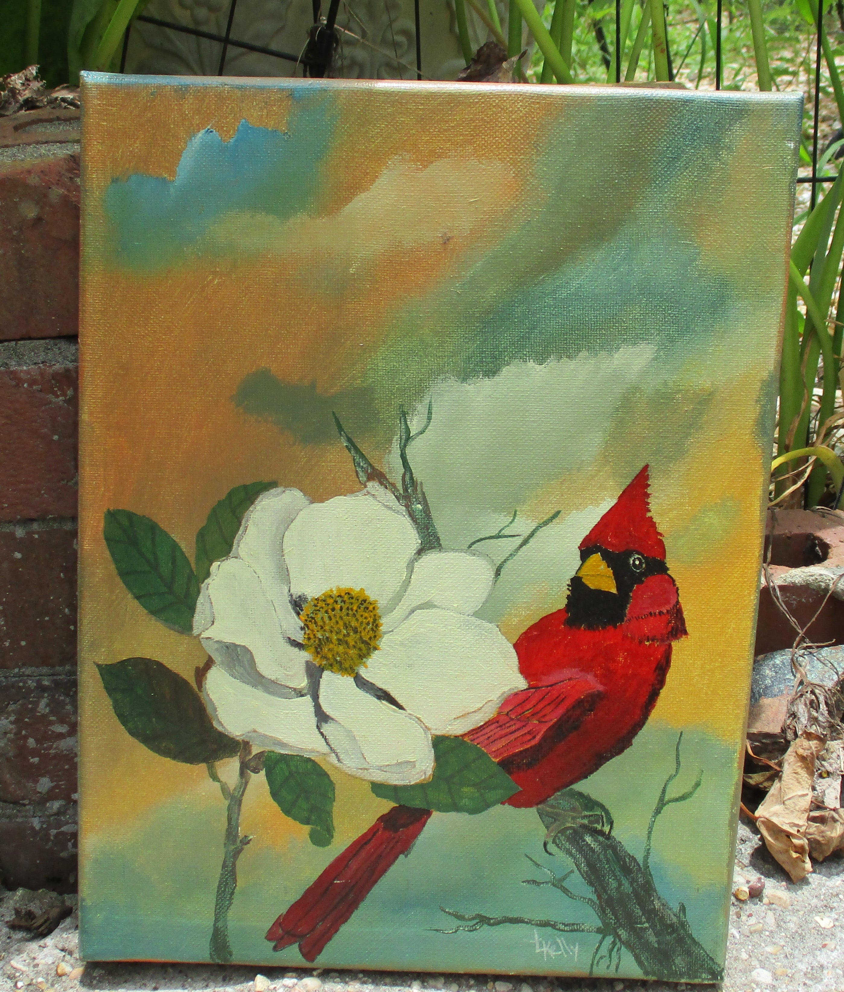 Red bird in magnolia flower tree acrylic painting art