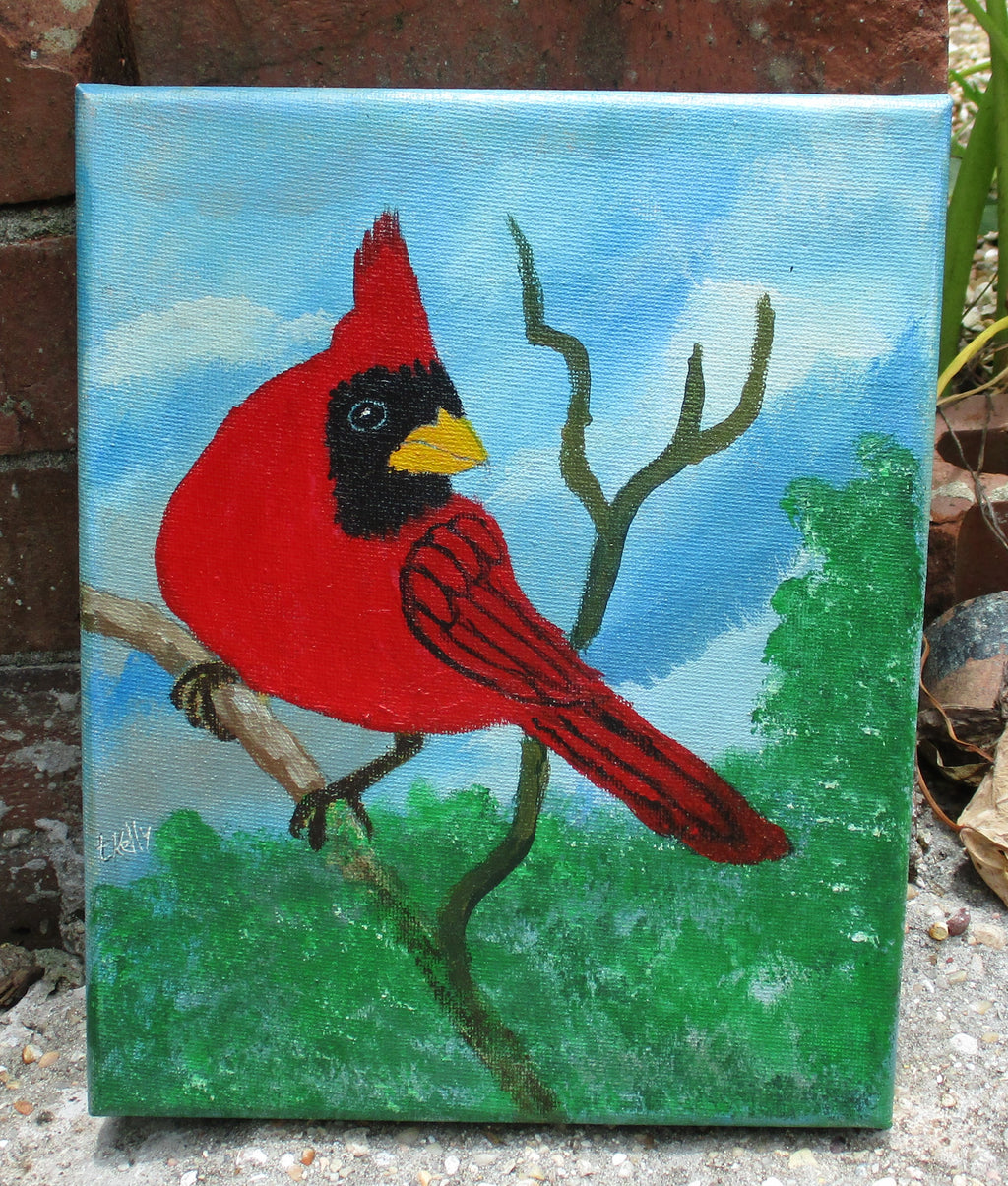 Red bird in tree art painting acrylic 8x10