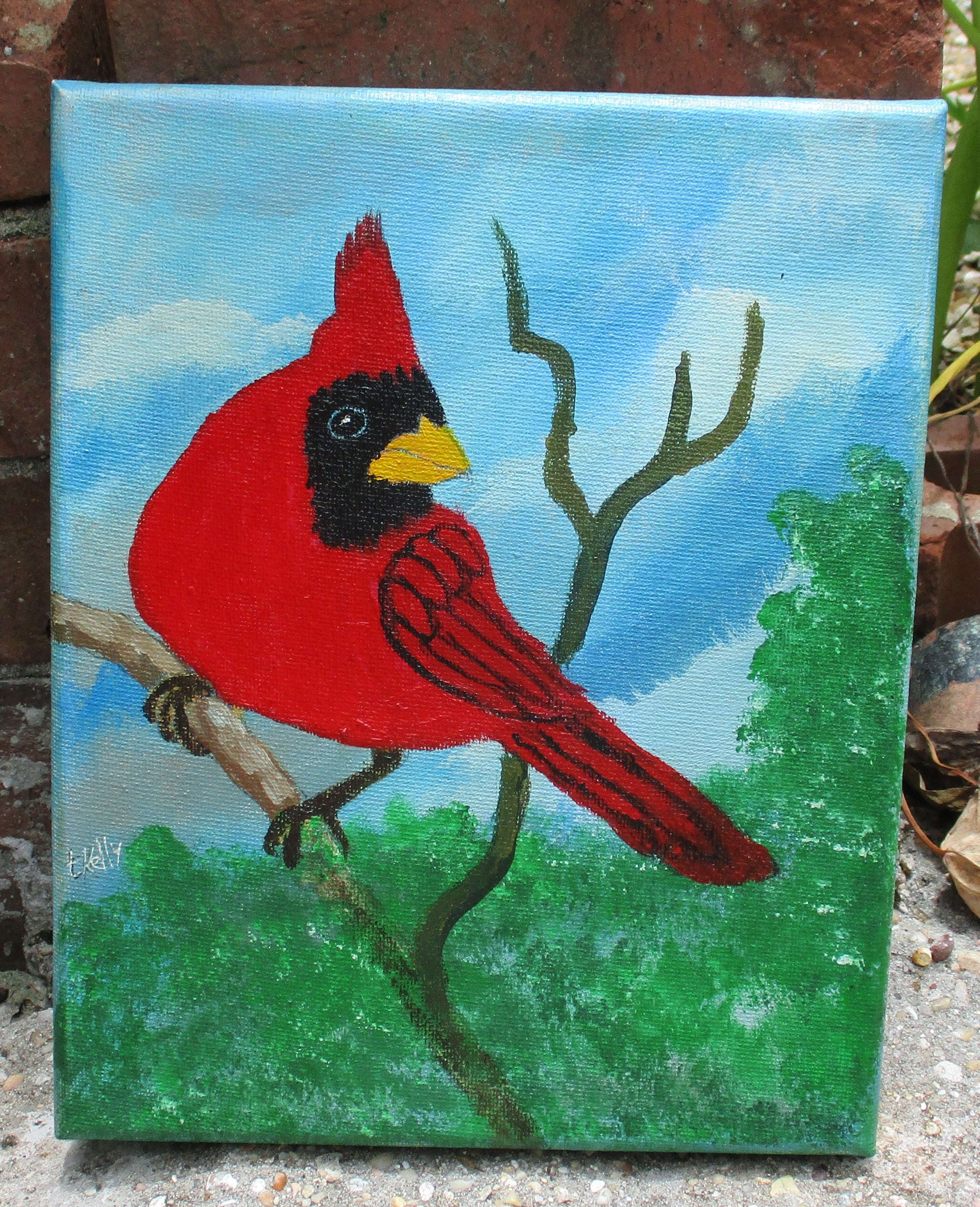 Red bird in tree art painting acrylic 8x10