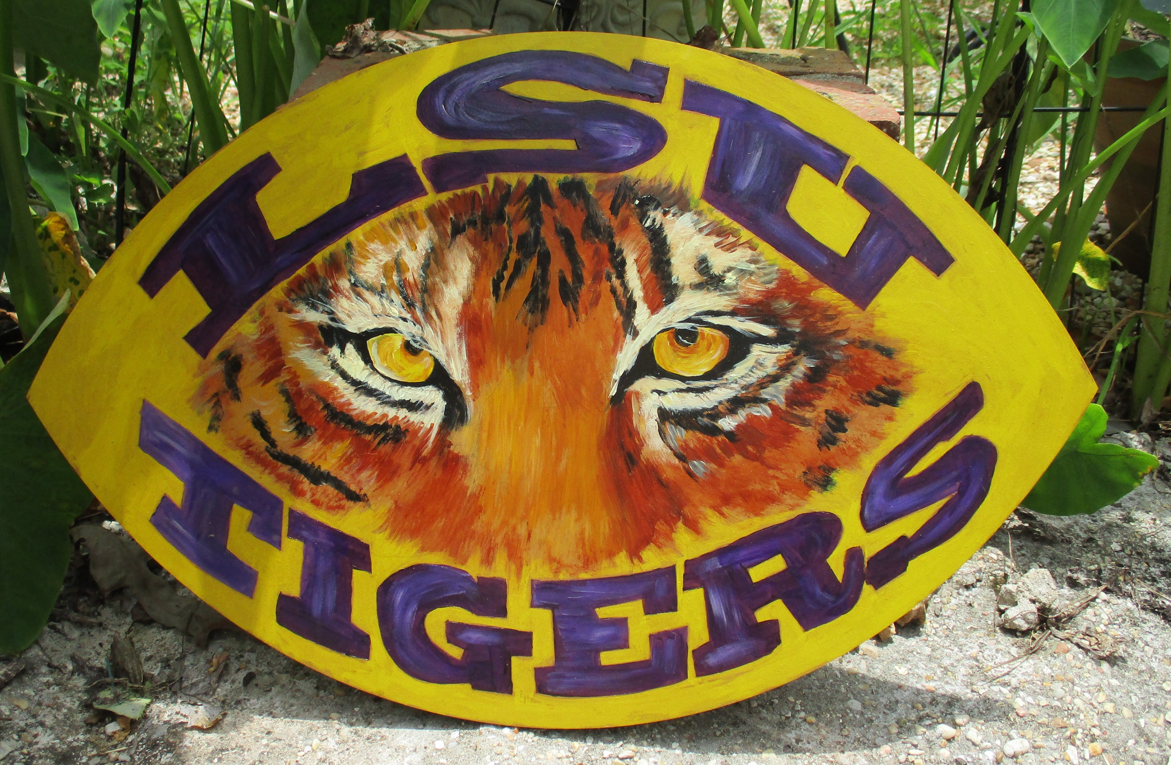 Wooden football painted tiger face LSU Tigers original art