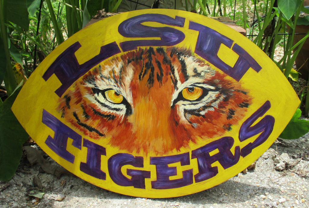 Wooden football painted tiger face LSU Tigers original art