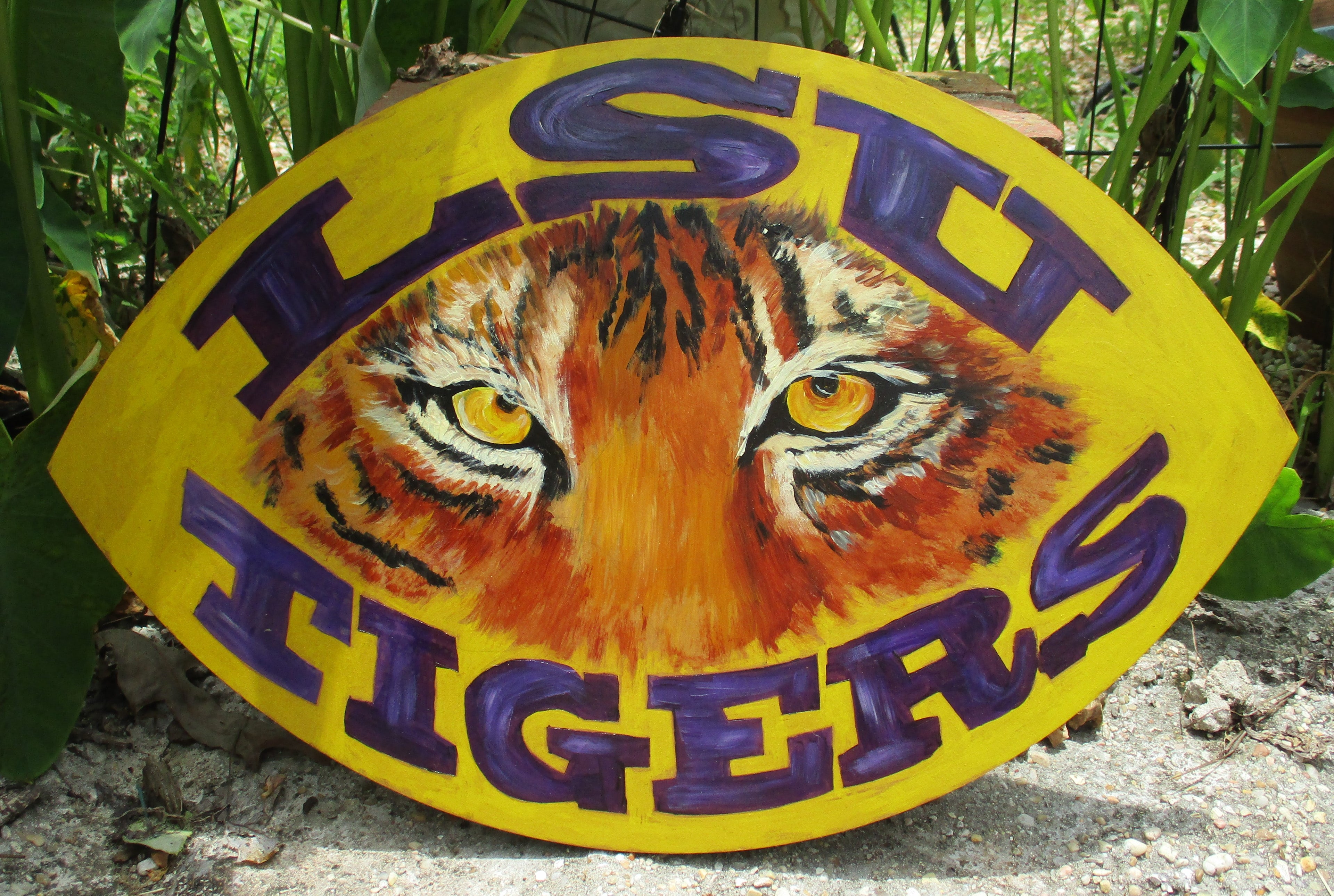 Wooden football painted tiger face LSU Tigers original art