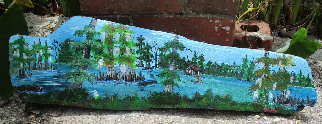Freestanding Driftwood Art Painting Swamp Cabin Gator Egret Boat