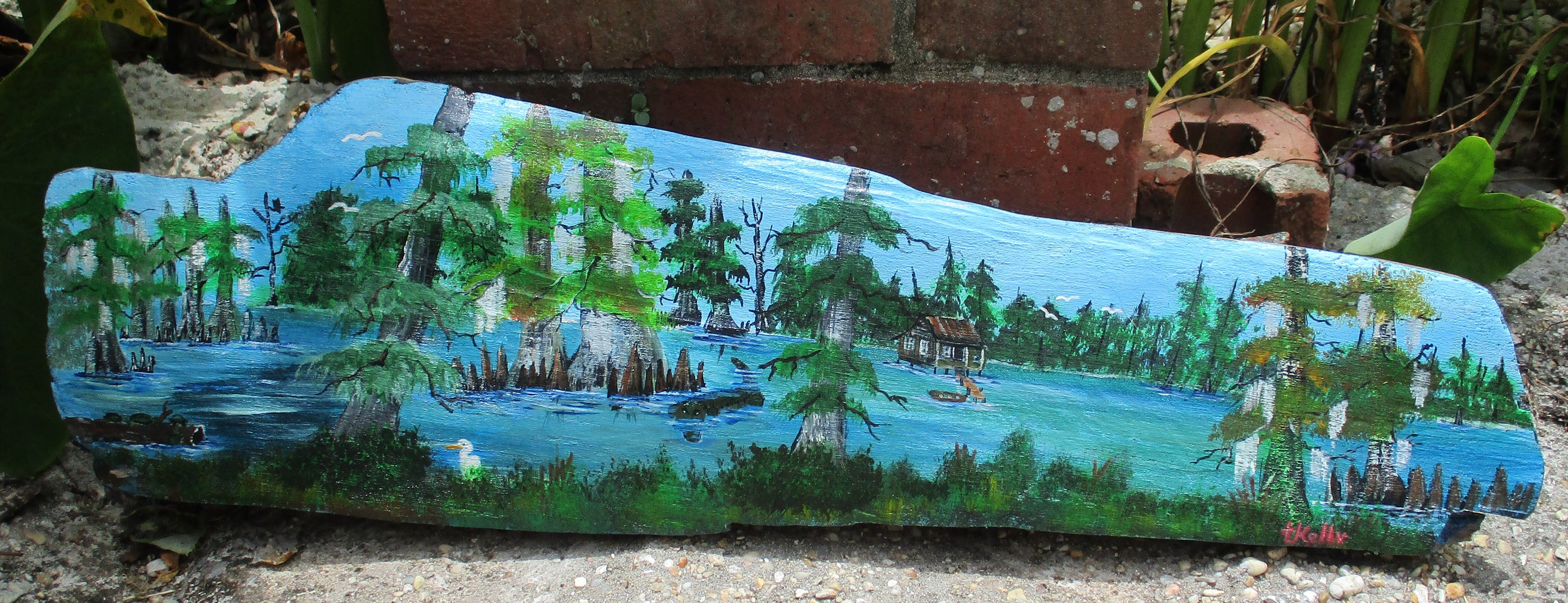 Freestanding Driftwood Art Painting Swamp Cabin Gator Egret Boat