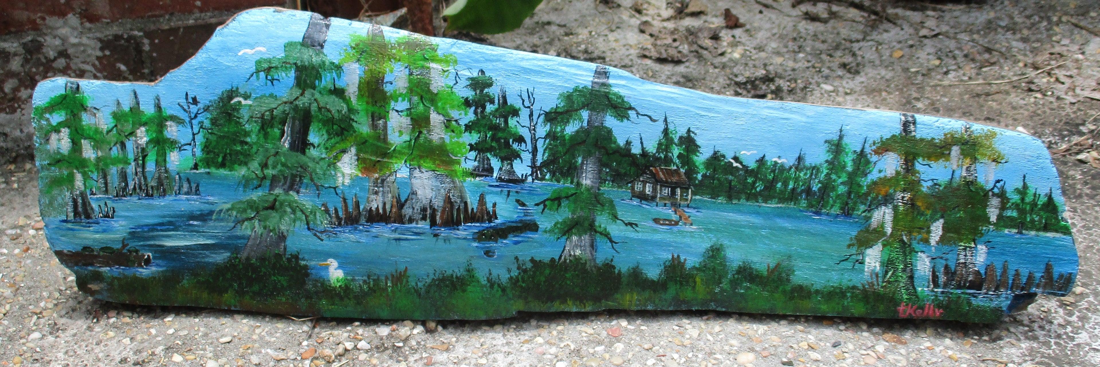 Freestanding Driftwood Art Painting Swamp Cabin Gator Egret Boat