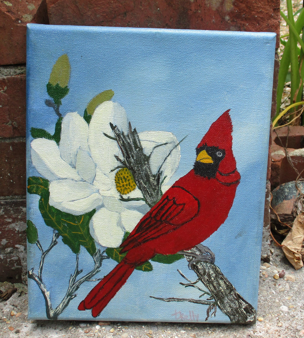Red Bird Magnolia Tree Flower Art Painting 8x10