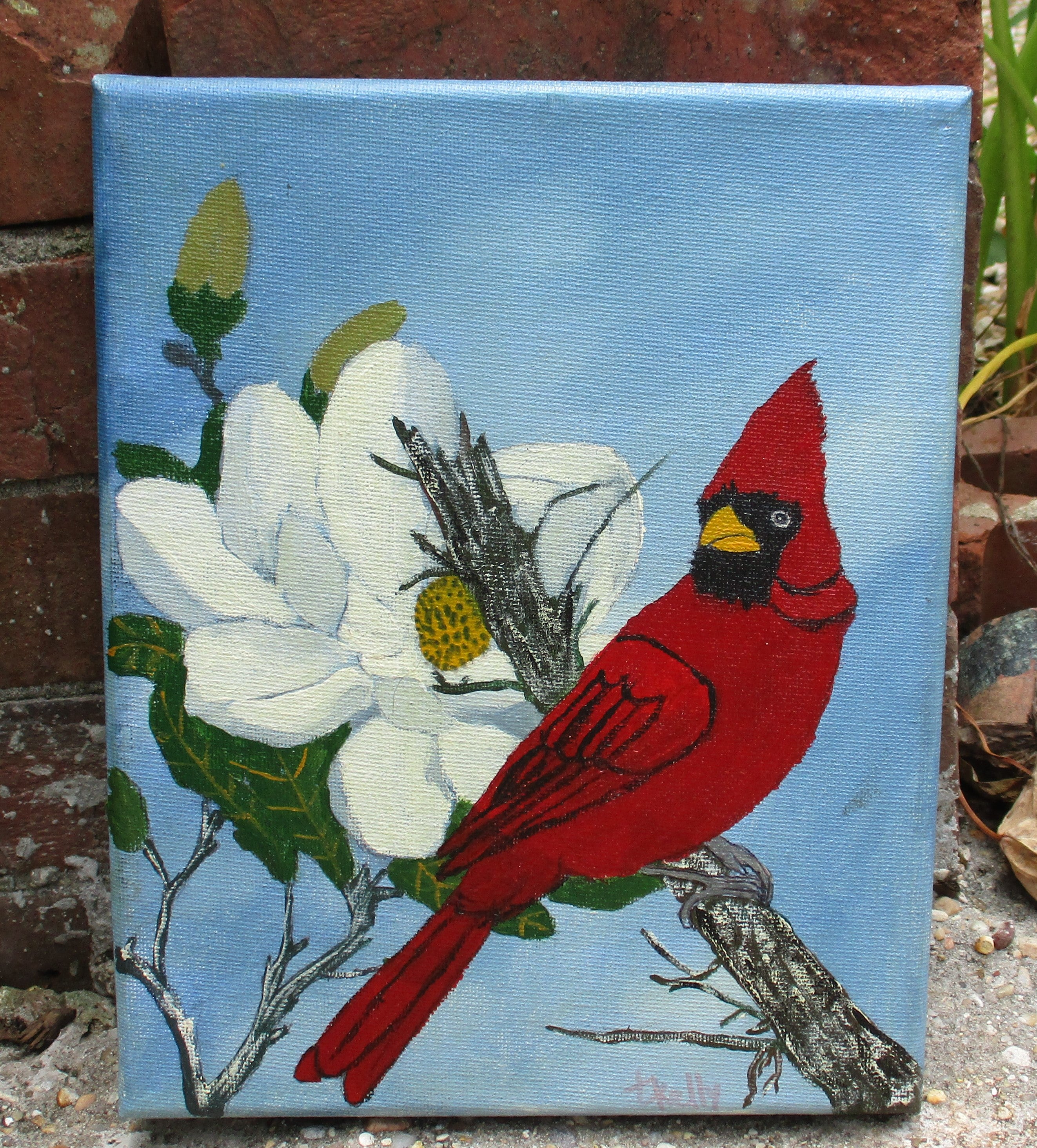 Red Bird Magnolia Tree Flower Art Painting 8x10