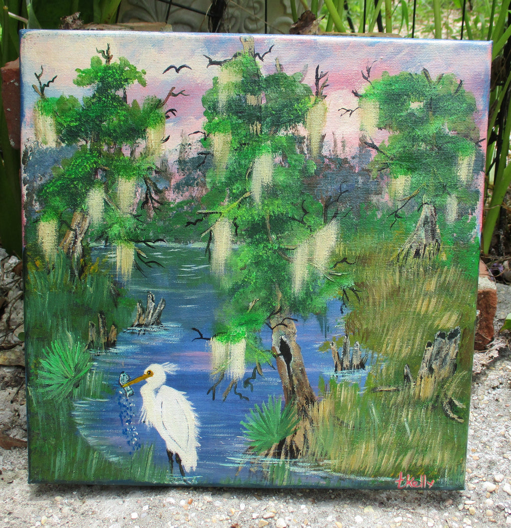 Swamp Scene with Egret Fish 12 x 12 stretched canvas art