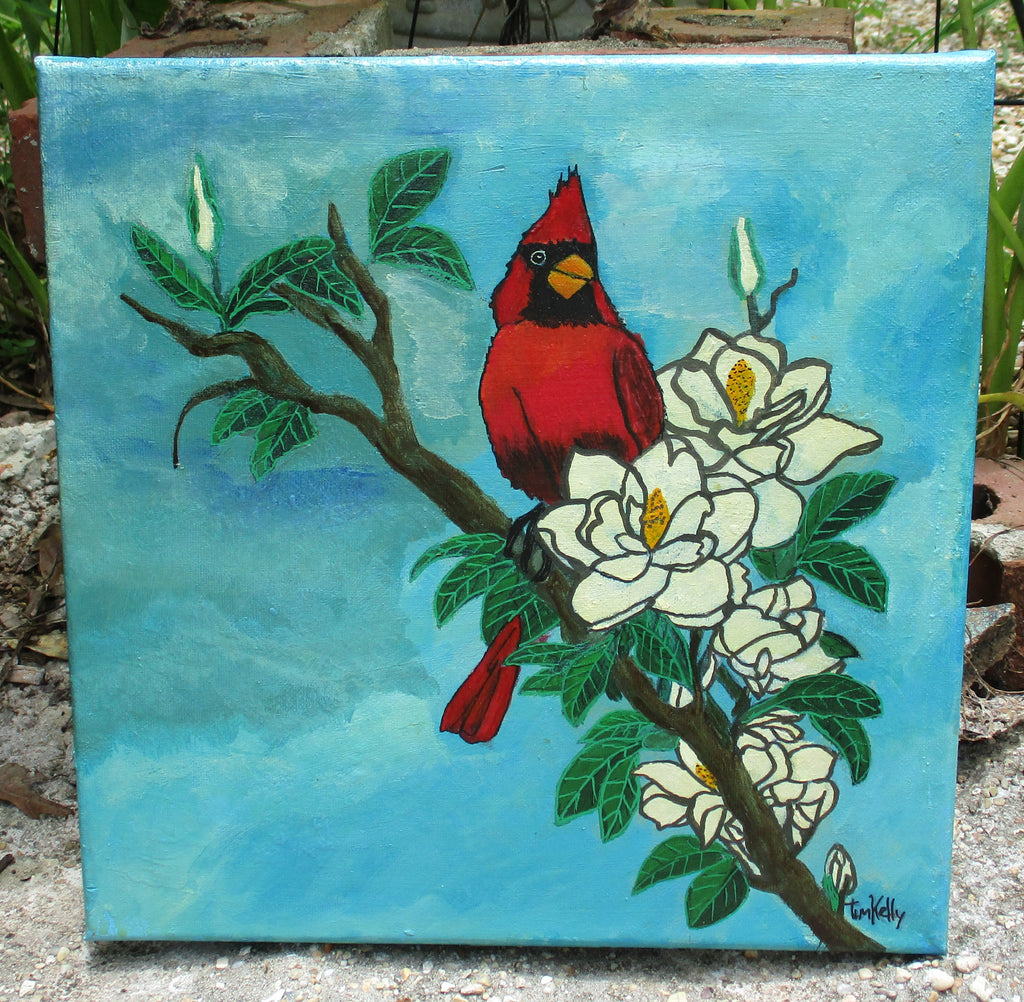 Red Bird Magnolia Tree Flower Art Painting 12x12
