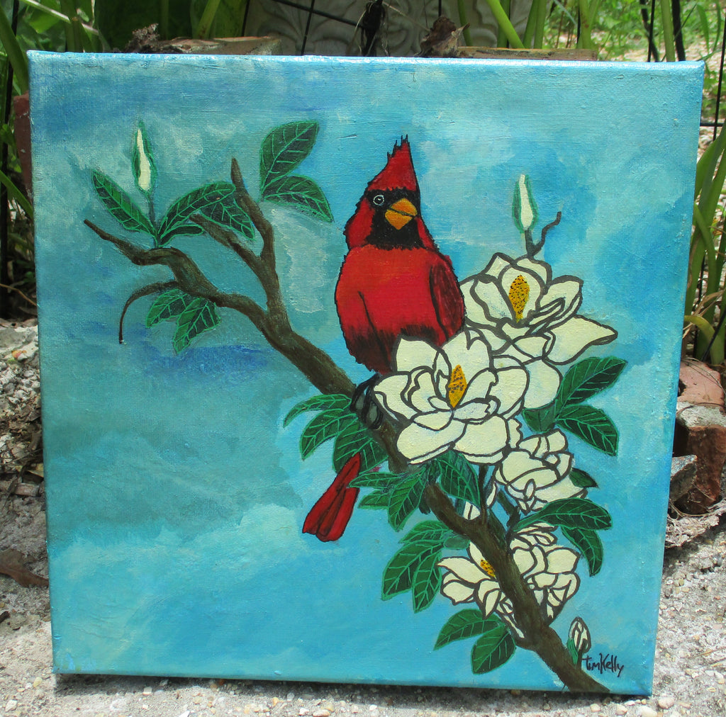 Red Bird Magnolia Tree Flower Art Painting 12x12