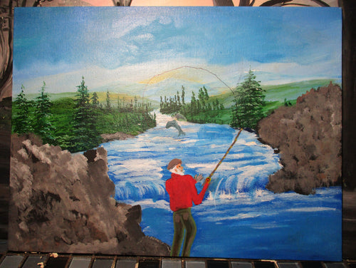 Art painting Snatch and Reel Fishing 16x12 Caroline Harrell
