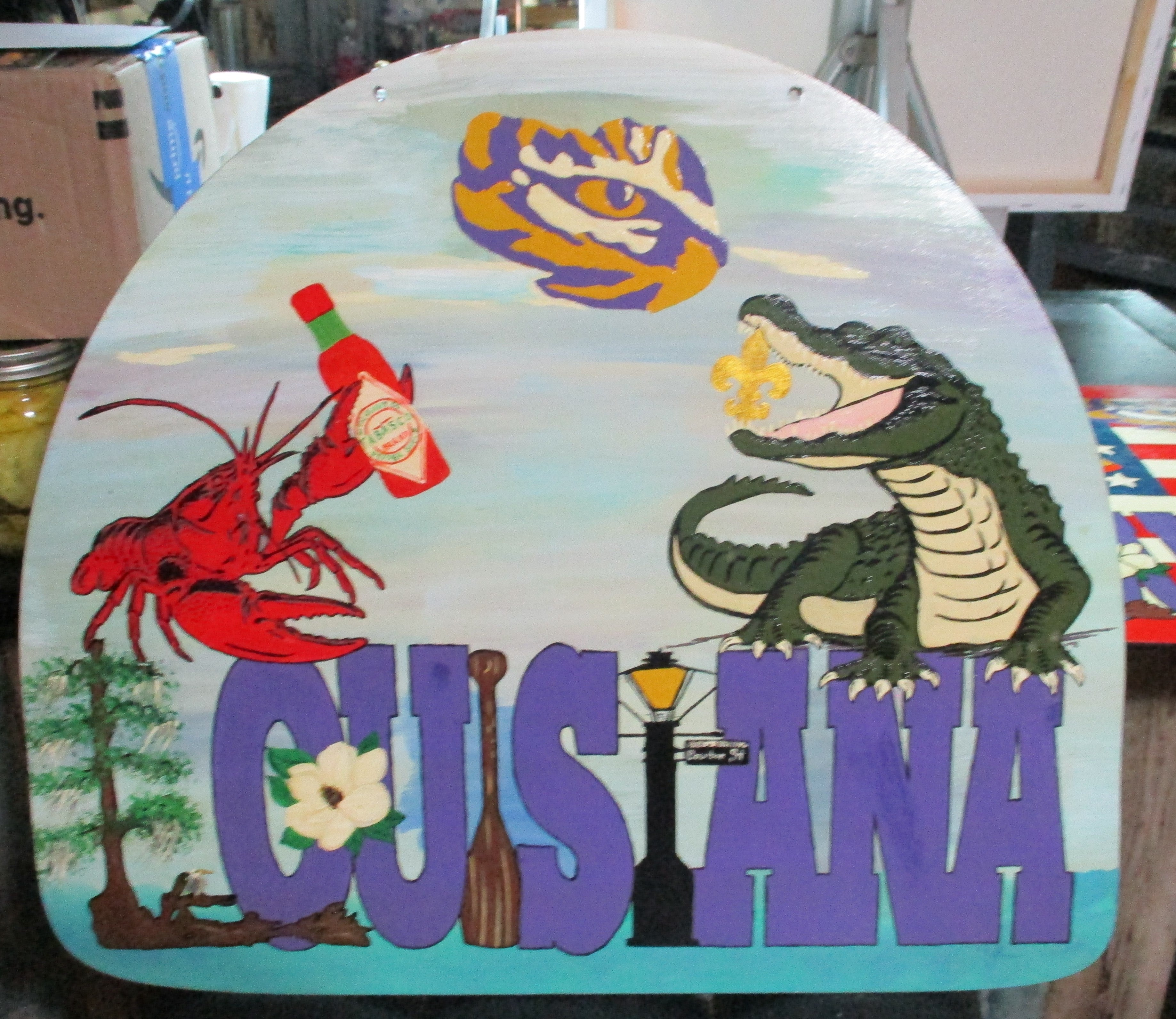 Wood Art Sign Louisiana Swamp Bayou LSU Saints Gator Crawfish Tabasco Sauce