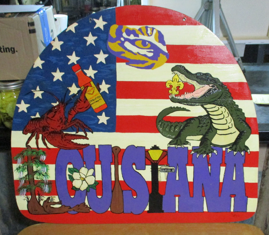 Wood Art Sign Louisiana Swamp Bayou LSU Saints Gator Crawfish Crawfish Boil American Flag