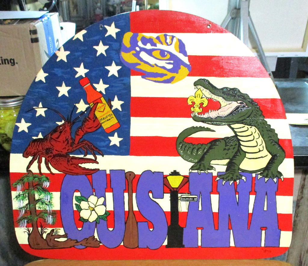 Wood Art Sign Louisiana Swamp Bayou LSU Saints Gator Crawfish Crawfish Boil American Flag