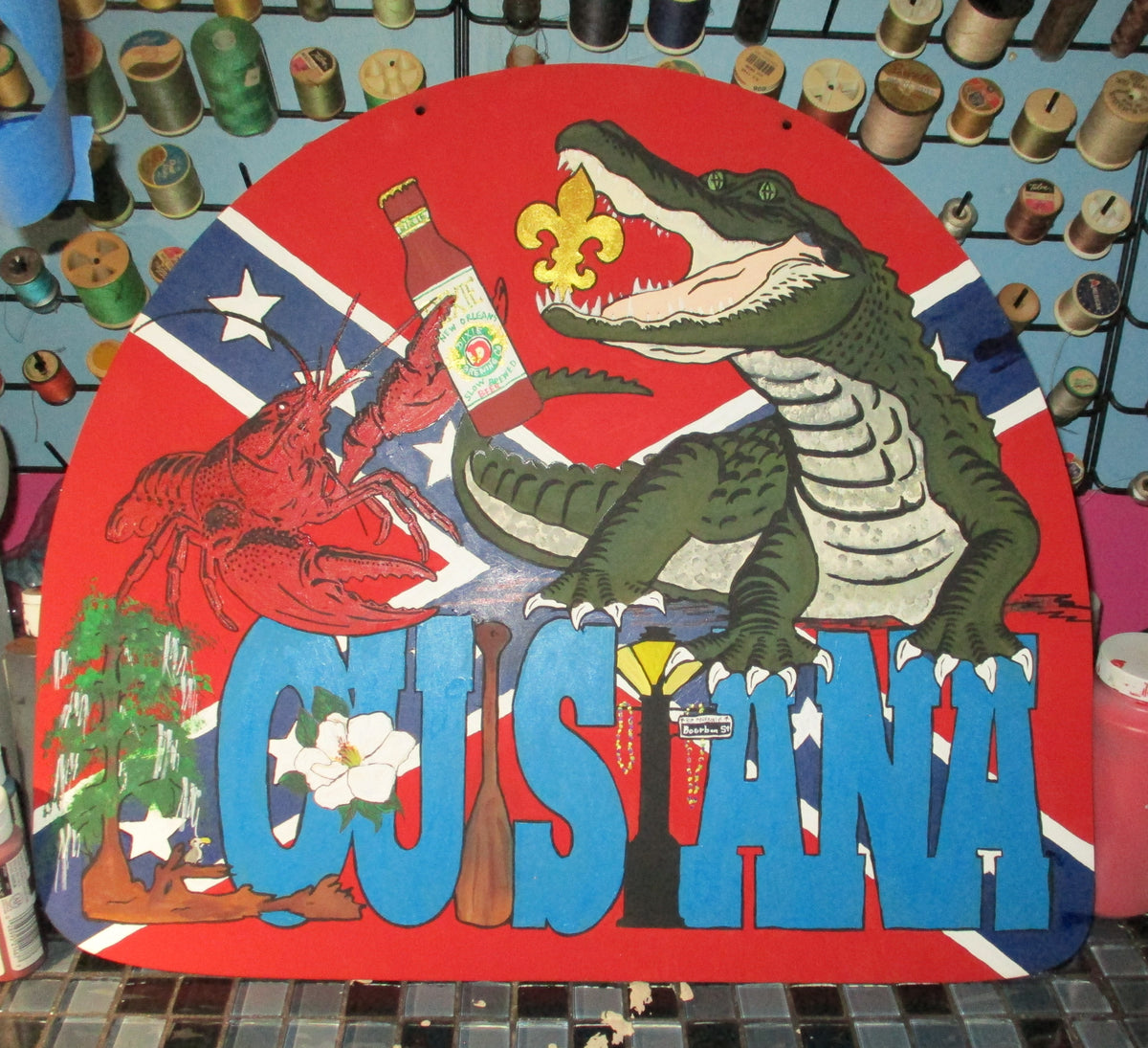 Original Louisiana Art Board Large Crawfish Gator Confederate Rebel flag Dixie Beer L.J.