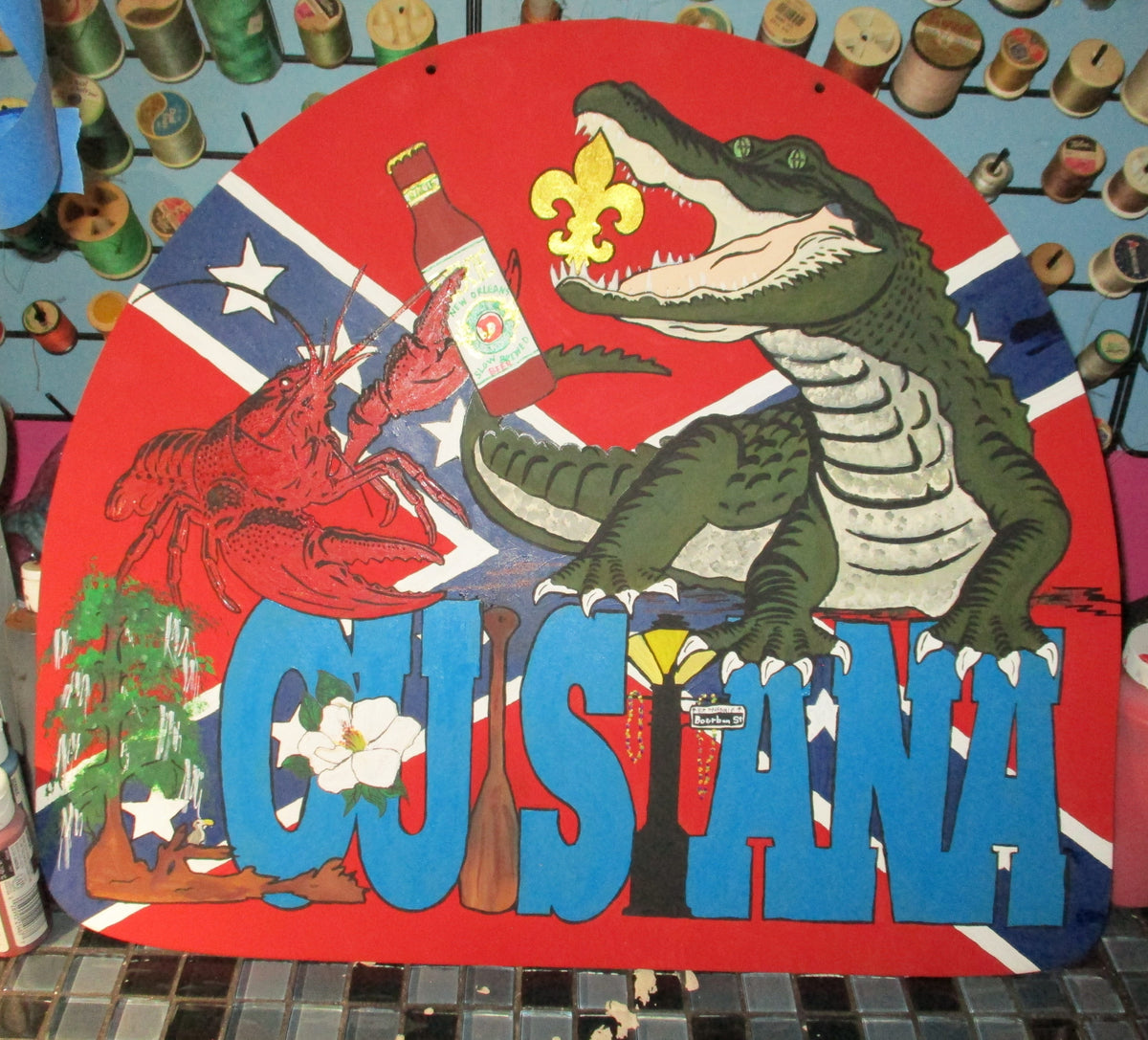 Original Louisiana Art Board Large Crawfish Gator Confederate Rebel flag Dixie Beer L.J.